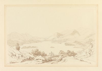Vista Geral do Lago de Derwent Water (caneta e tinta com wc sobre grafite em papel de parede) de Joseph Farington