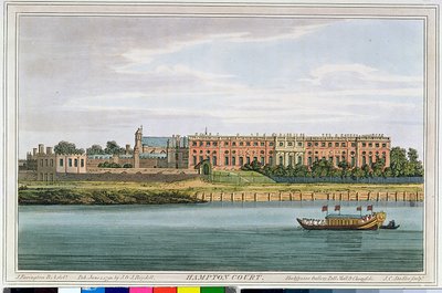 Hampton Court, gravado por JC Stadler (fl.1780-1812) da "História do Tamisa", de Havell, de 1793 (gravura a cores) de Joseph Farington
