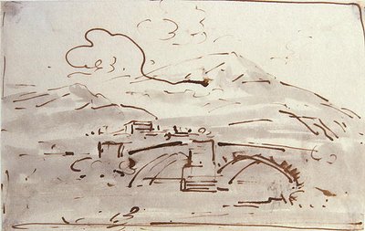 Paisagem com uma ponte (aguarela) de Joseph Farington
