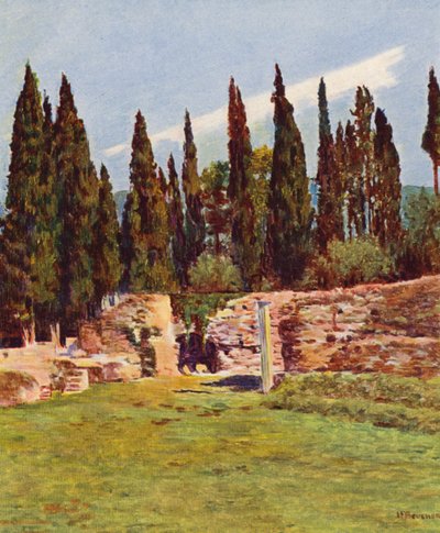 Roma: Villa Hadriana, Coluna do Teatro Grego (litografia a cores) de Joseph Felix Bouchor