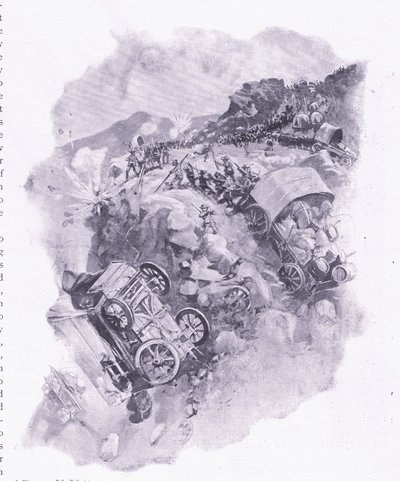 Os Boers destruindo seus vagões em Spitzkop, ilustração de After Pretoria: The Guerilla War, 1902 de Joseph Finnemore