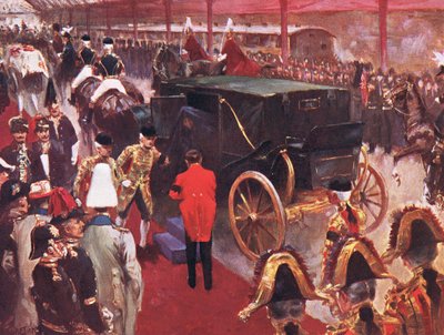 A chegada de Sua Majestade a Rainha Alexandra na Estação Paddington, por ocasião do funeral de sua falecida Majestade Rainha Vitória, 2 de fevereiro de 1901, ilustração fromCassells History of England, 1900s de Joseph Finnemore