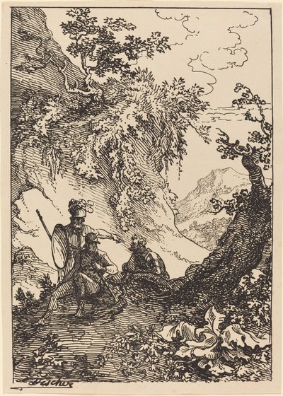 Paisagem com homens de armadura, toco de árvore de Joseph Fischer