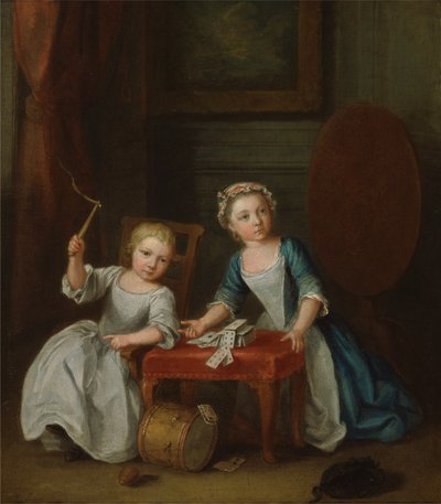 Dois filhos da família Nollekens, provavelmente Jacobus e Maria Sophia, brincando com um top e jogando cartas, 1745 de Joseph Francis Nollekens