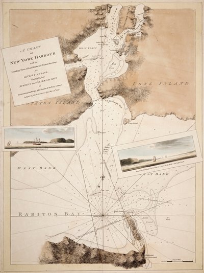 Uma carta do porto de Nova Iorque com as sondagens, vistas dos marcos terrestres e direcções náuticas para uso da pilotagem. Composta a partir de levantamentos e observações dos Tenentes John Knight, John Hunter da Marinha e outros. de Joseph Frederick Wallet DesBarres