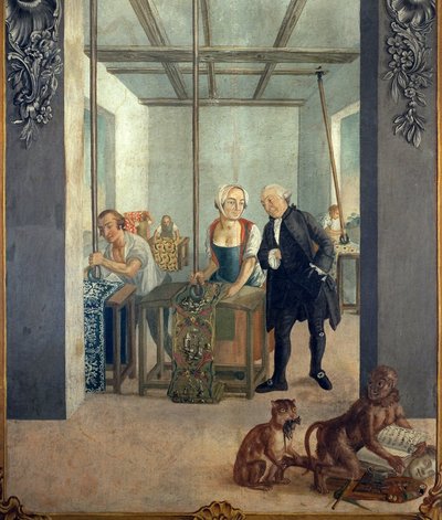 Oficina de cetim. Após ser revestida com uma mistura de cera e amido, a tela impressa é colocada sobre uma grelha quente. É então lustrada com uma roda de vidro encantada num pátio que é suspensa das vigas do tecto. Pintura de Gabriel Maria Rossetti, óleo de Joseph Gabriel Rossetti