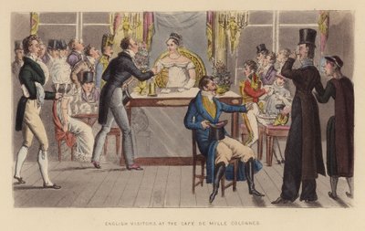 Visitantes ingleses no Café de Mille Colonnes (gravura a cores) de Joseph Grego