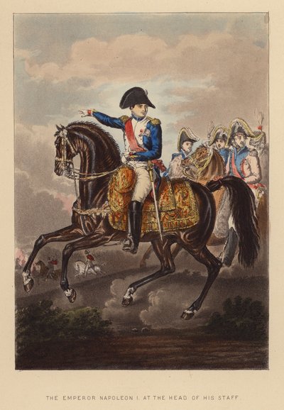 O Imperador Napoleão I à frente do seu estado-maior (gravura a cores) de Joseph Grego