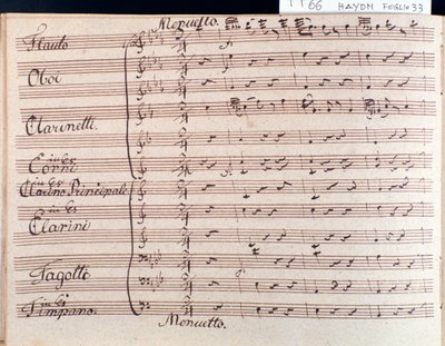 Primeira página de partitura de minueto na Sinfonia 66 em B flat major de J Haydn de Joseph Haydn