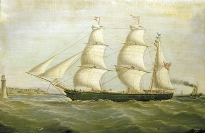 O veleiro "Queen Bee" (construído em 1852), com um farol de um lado construído com casas. Pintura a óleo de Joseph Heard
