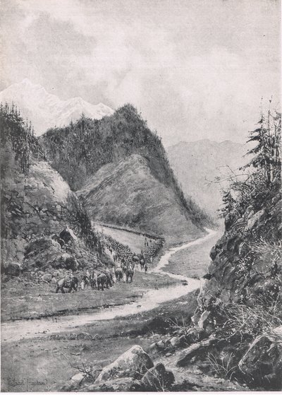 Afeganistão: A marcha da coluna de Cabul para Khandahar, em agosto de 1880, ilustração das Batalhas Britânicas na Terra e no Mar, 1915 de Joseph Holland Tringham