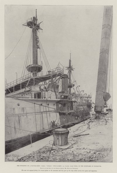 O Edifício de um Navio de Batalha, Oceano HMS, Twin-Screw, 1ª Classe, 12.950 Toneladas, no Dockyard em Plymouth de Joseph Holland Tringham