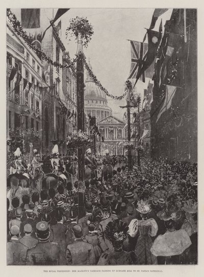 A procissão real, carruagem de sua majestade passando Ludgate Hill para a Catedral de São Paulo de Joseph Holland Tringham