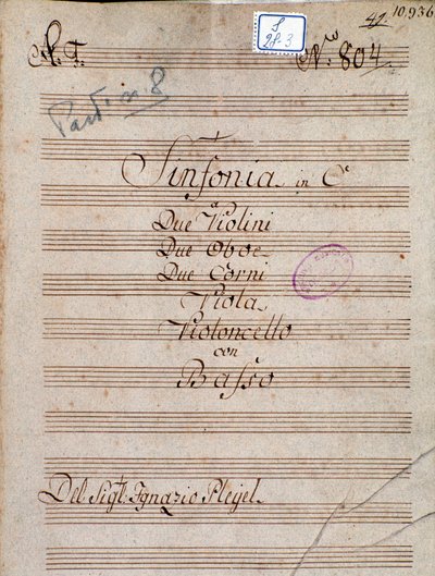 Primeira página da partitura musical da Sinfonia em C de Pleyel de Joseph Ignace Pleyel