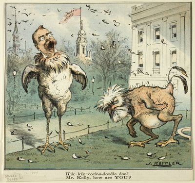 Kik-kik-cock-a-doodle doo! Sr. Kelly, como está, do Puck de Joseph Keppler