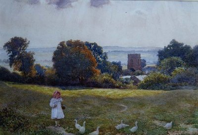 Uma garotinha com patos num prado de Joseph Kirkpatrick