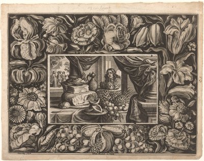 Ainda vida de queijo e frutas com uma borda de ornamento de Joseph Kling