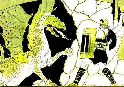Siegfried está a lutar contra o Dragão. Lenda dos Nibelungos. Ilustração de Joseph Kuhn Regnier (Kuhn-Regnier) (1873-1940) para "Epopees et legendes d