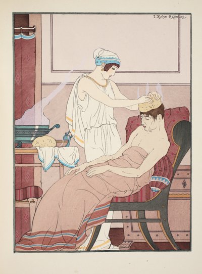 Uma esponja embebida em água quente é aplicada na cabeça, ilustração de "The Works of Hippocrates", 1934 de Joseph Kuhn Regnier