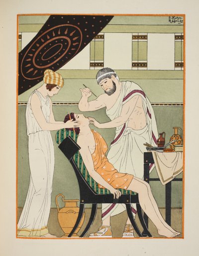 Uvula é incisada com um bisturi, ilustração de &39;The Works of Hippocrates&39;, 1934 de Joseph Kuhn Regnier