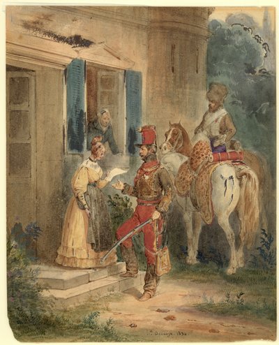 Hussardos entregando notícias (aquarela e tinta no papel) de Joseph Louis Hippolyte Bellange