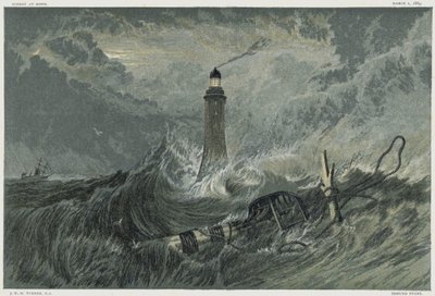 Farol de Eddystone, construído no rochedo de Eddystone pelo engenheiro civil inglês John Smeaton, entre 1757 e 1759. Cromolitografia após pintura de JMW Turner de Joseph Mallord William Turner