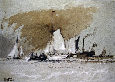 Barcos de pesca no mar, a bordo de um navio a vapor ao largo de Cowes, Isle of Wight (lavagem com caneta e tinta e corpete em papel azul) de Joseph Mallord William Turner
