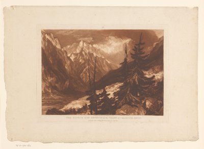 Vista do vale de Chamonix com o rio Arveyron A Fonte do Arveron no Vale de Chamouni Savoy (título no objeto) Estudos de paisagem (título da série) Liber Studiorum (título da série) de Joseph Mallord William Turner