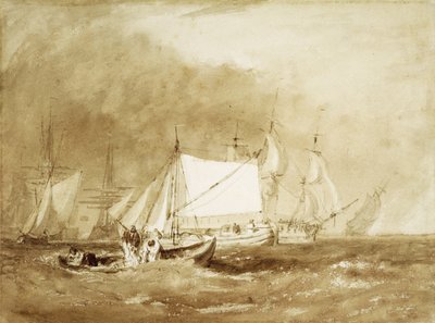 Cena de embarque, com pescadores, c.1815-20 (pincel e tinta marrom no papel) de Joseph Mallord William Turner