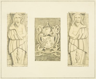 2 Figuras e Escudo de Armas de Gateway no Castelo Negro, Brislington de Joseph Manning