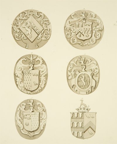 Brasões sobre lápides em St Mary Redcliffe (aguarela sobre papel) de Joseph Manning