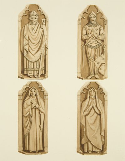Quatro figuras decorando as portas feitas por Clarke, em cada lado do altar de São Marcos (aquarela sobre papel) de Joseph Manning
