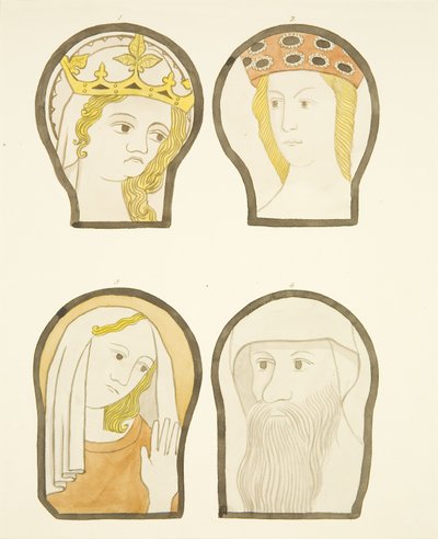 Quatro cabeças em vitrais a sul do coro na Catedral de Bristol (aguarela sobre papel) de Joseph Manning