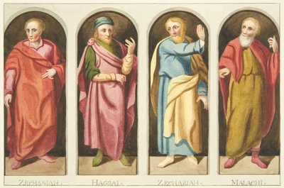Quatro profetas menores pintados no lado oeste da tela, dividindo a nave do coro da Catedral de Bristol (aquarela sobre papel) de Joseph Manning