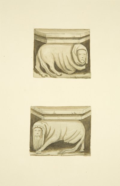 Quatro treliças na varanda norte (originalmente estátuas de suporte) de St Mary Redcliffe (aguarela sobre papel) de Joseph Manning
