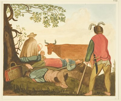 Guy, Conde de Warwick, e o Dun Cow, cópias da pintura a óleo original (aguarela sobre papel) de Joseph Manning