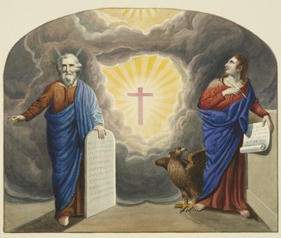 Janela pintada sobre o altar da Igreja de Cristo, mostrando Moisés e São João Evangelista (aquarela sobre papel) de Joseph Manning
