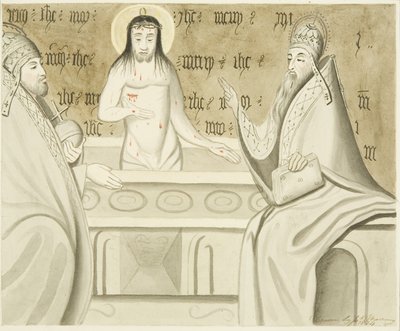 Pintura em pedra encontrada em uma caixa confessional no corredor norte de São Marcos, mostrando o Cristo ressuscitado e dois bispos (aquarela sobre papel) de Joseph Manning