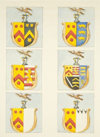 Seis escudos de armas em vitrais nos corredores norte e sul (extremidade leste) da Catedral de Bristol (aguarela sobre papel) de Joseph Manning