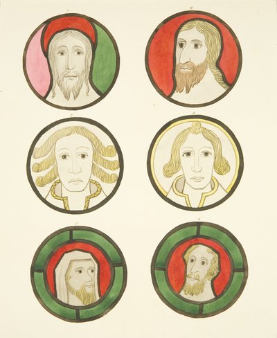 Seis cabeças em vitrais a norte e sul do coro na Catedral de Bristol (aguarela sobre papel) de Joseph Manning