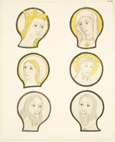 Seis cabeças em vitrais a sul do coro na Catedral de Bristol (aguarela sobre papel) de Joseph Manning