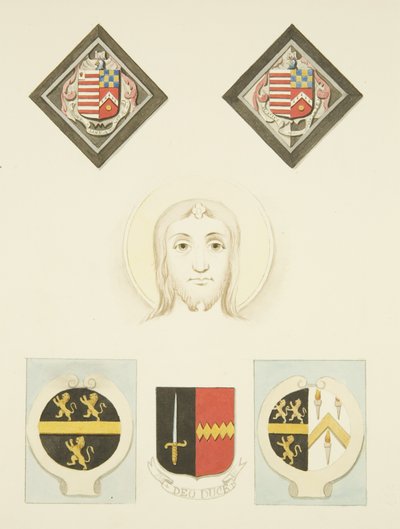 Vidro Manchado, Escudos e Escudos na Igreja de São Pedro (aguarela sobre papel) de Joseph Manning
