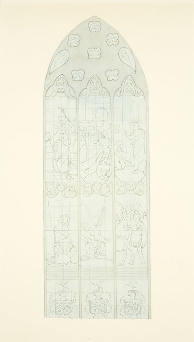 Janela de vidro manchado na extremidade leste do corredor sul da Catedral de Bristol (lápis e aquarela sobre papel) de Joseph Manning
