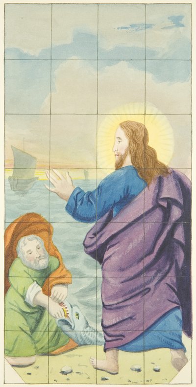 Janela de vidro manchado na extremidade leste do corredor sul da Catedral de Bristol mostrando a peça de dinheiro na boca do peixe (aquarela sobre papel) de Joseph Manning