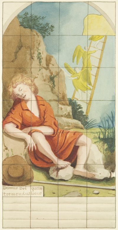 Janela de vidro manchado na extremidade leste do corredor sul da Catedral de Bristol mostrando a Escada de Jacob (aquarela sobre papel) de Joseph Manning