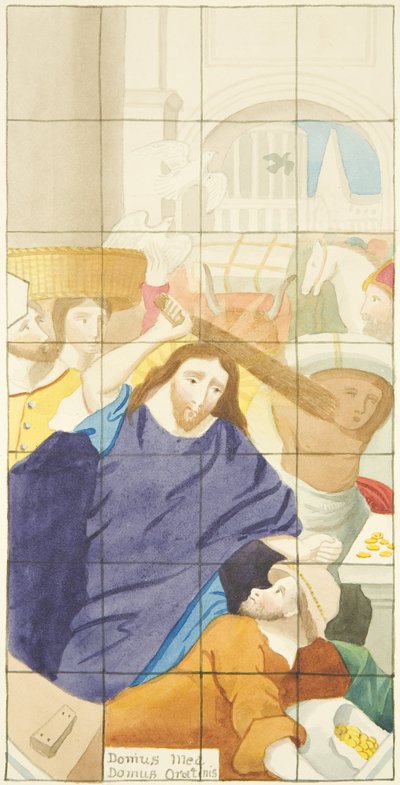 Janela de vidro manchado na extremidade leste do corredor sul da Catedral de Bristol mostrando compradores e vendedores no Templo (aquarela sobre papel) de Joseph Manning