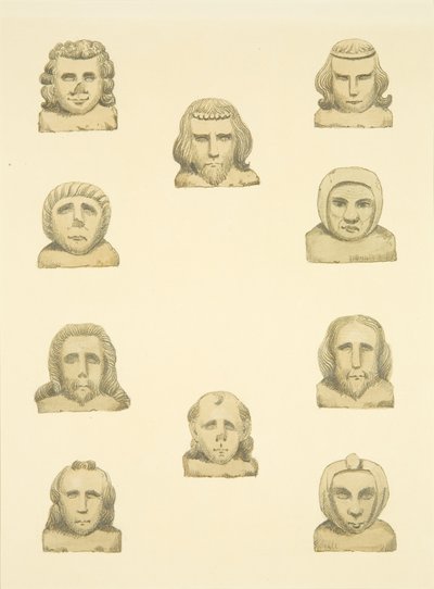 Dez cabeças em friso ao redor da varanda norte de St Mary Redcliffe (aguarela sobre papel) de Joseph Manning