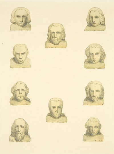Dez cabeças em friso ao redor da varanda norte de St Mary Redcliffe (aguarela sobre papel) de Joseph Manning