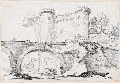 Uma ponte de pedra e a entrada fortificada de uma cidade de Joseph Marie Vien