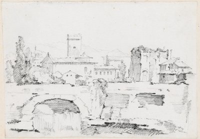 Uma cidade italiana com uma ponte de pedra e uma cachoeira de Joseph Marie Vien